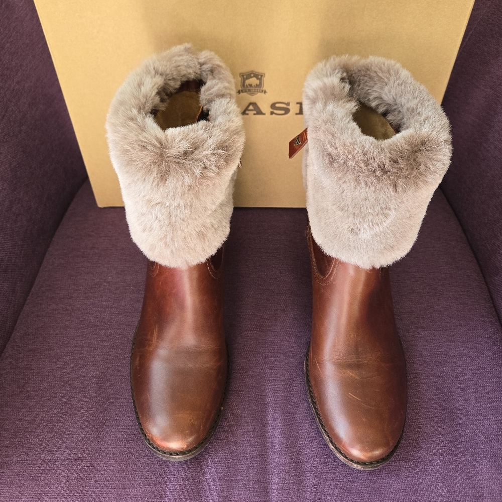 Trask Brown Leather Ankle Boots with Plush Trim, Size 9